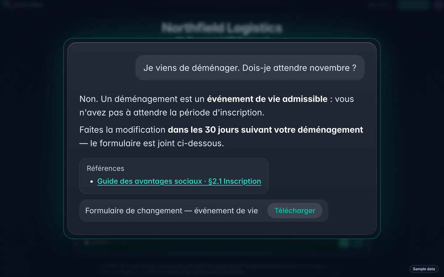 Sample data: close-up of an AskHRBot answer in French about changing benefits after a move, citing Guide des avantages sociaux §2.1 and offering the life event change form to download.
