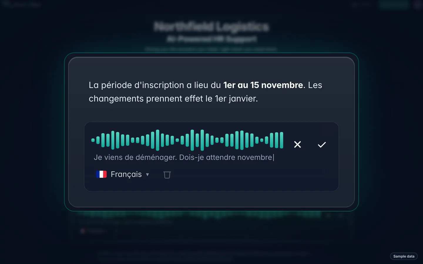 Sample data: close-up of AskHRBot voice input in French, asking a question by voice.